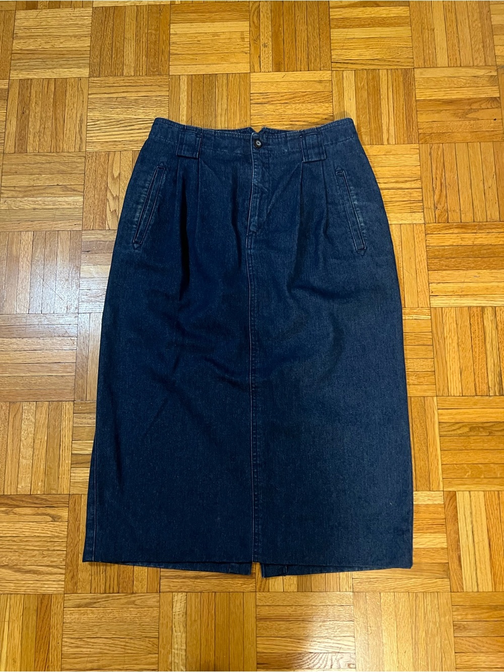 90s Vintage Lizsport High-Rise Dark Blue Denim Midi Skirt size 10